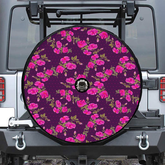 Purple Floral Flower Pattern Print Tire Cover With Camera Hole