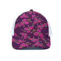 Purple Floral Flower Pattern Print White Mesh Trucker Hat