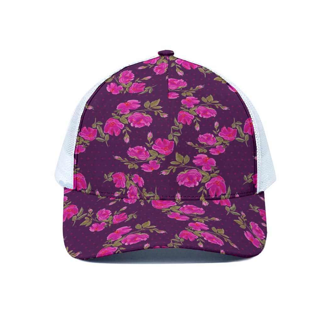 Purple Floral Flower Pattern Print White Mesh Trucker Cap