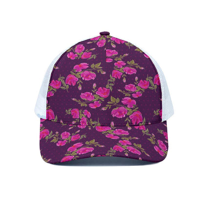 Purple Floral Flower Pattern Print White Mesh Trucker Cap