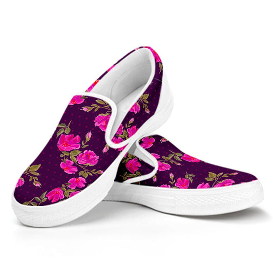 Purple Floral Flower Pattern Print White Slip On Sneakers