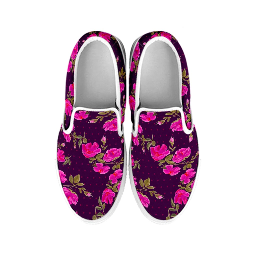 Purple Floral Flower Pattern Print White Slip On Sneakers
