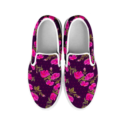 Purple Floral Flower Pattern Print White Slip On Sneakers