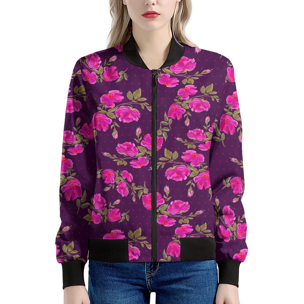Purple Floral Flower Pattern Print Women's Bomber Jacket