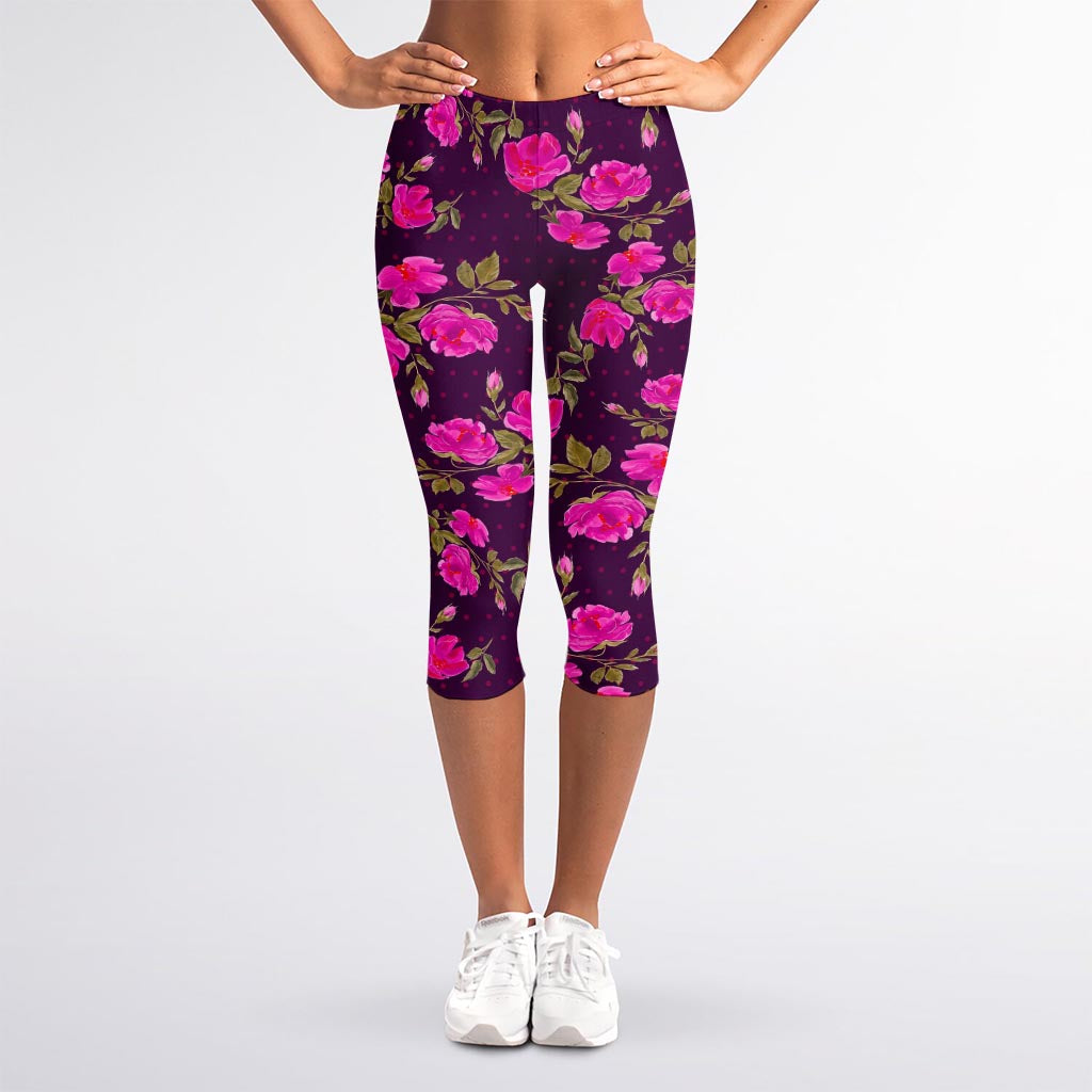 Purple Floral Flower Pattern Print Women's Capri Leggings
