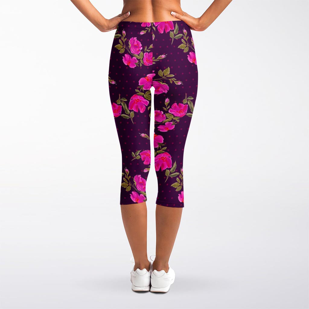 Purple Floral Flower Pattern Print Women's Capri Leggings