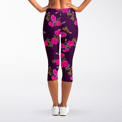 Purple Floral Flower Pattern Print Women's Capri Leggings