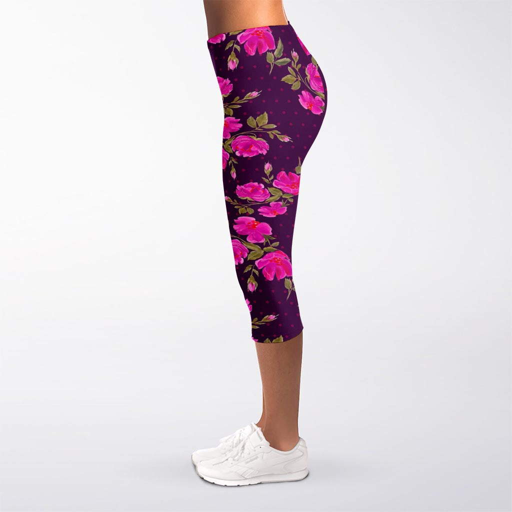 Purple Floral Flower Pattern Print Women's Capri Leggings