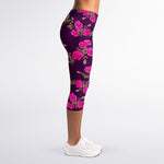 Purple Floral Flower Pattern Print Women's Capri Leggings