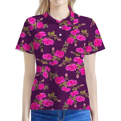 Purple Floral Flower Pattern Print Women's Polo Shirt