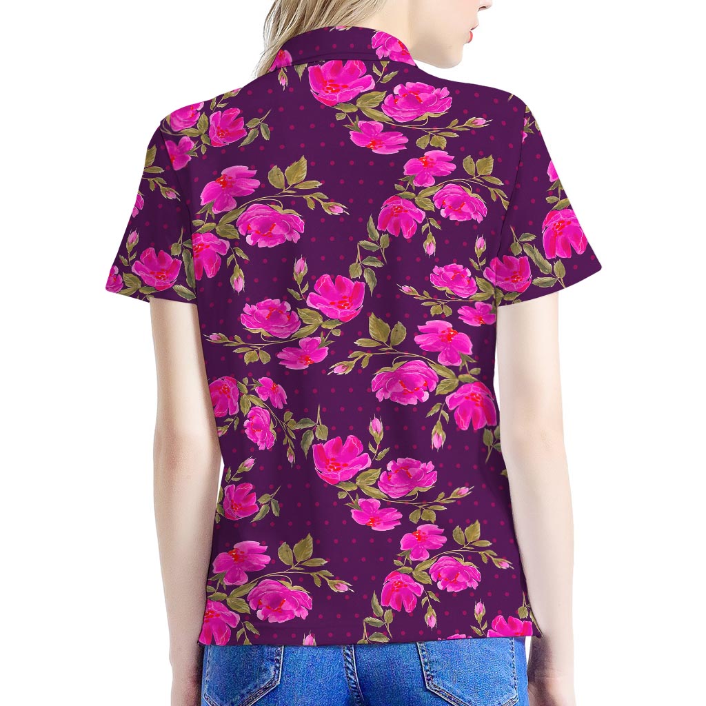 Purple Floral Flower Pattern Print Women's Polo Shirt
