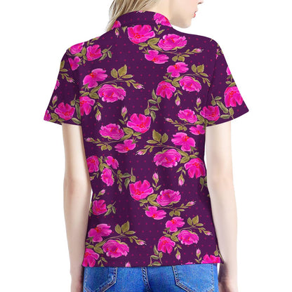 Purple Floral Flower Pattern Print Women's Polo Shirt