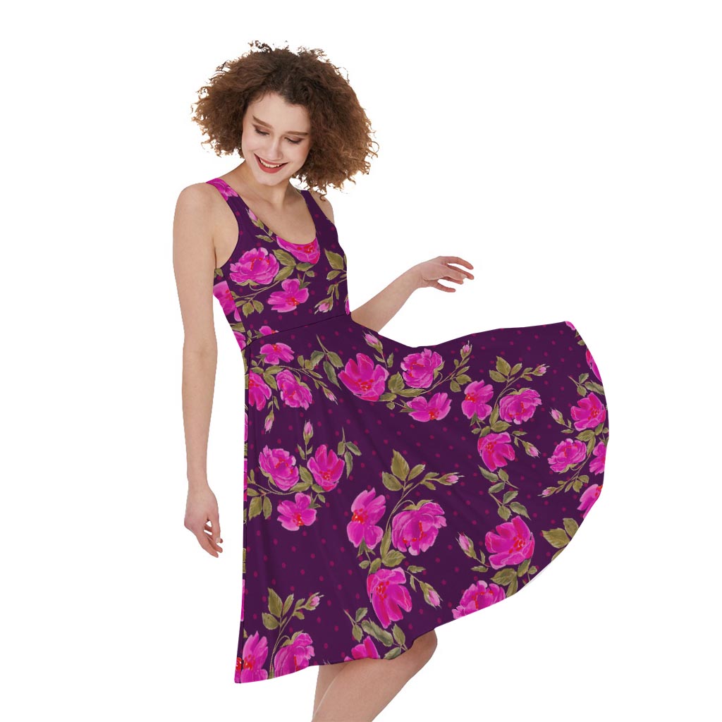 Purple Floral Flower Pattern Print Women's Sleeveless Dress