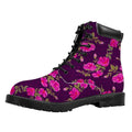 Purple Floral Flower Pattern Print Padded Collar Lace Up Boots