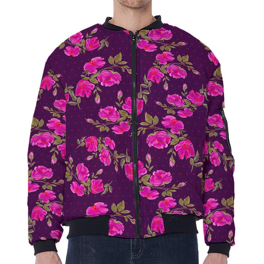 Purple Floral Flower Pattern Print Zip Sleeve Bomber Jacket
