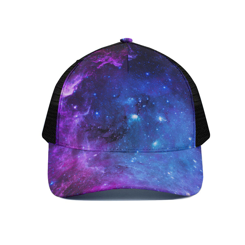Purple Galaxy Space Blue Starfield Print Black Mesh Trucker Cap