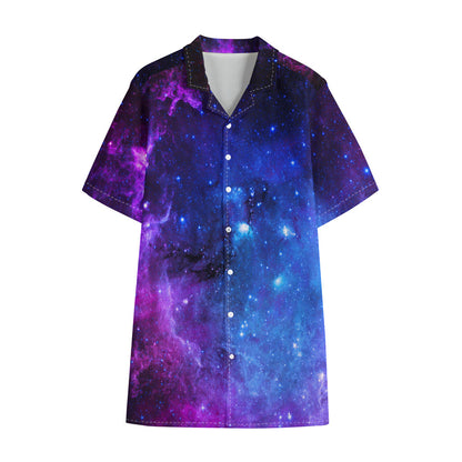 Purple Galaxy Space Blue Starfield Print Cotton Hawaiian Shirt