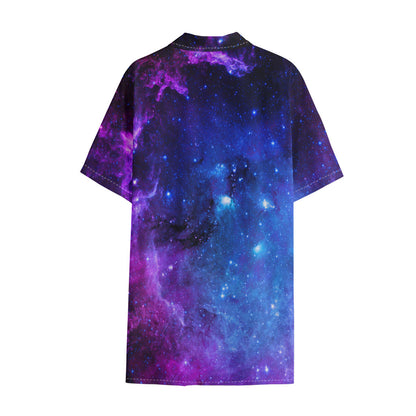 Purple Galaxy Space Blue Starfield Print Cotton Hawaiian Shirt