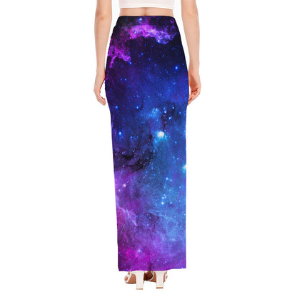 Purple Galaxy Space Blue Starfield Print High Slit Maxi Skirt