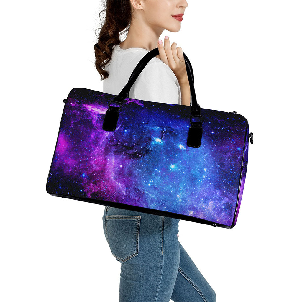 Purple Galaxy Space Blue Starfield Print Leather Duffle Bag