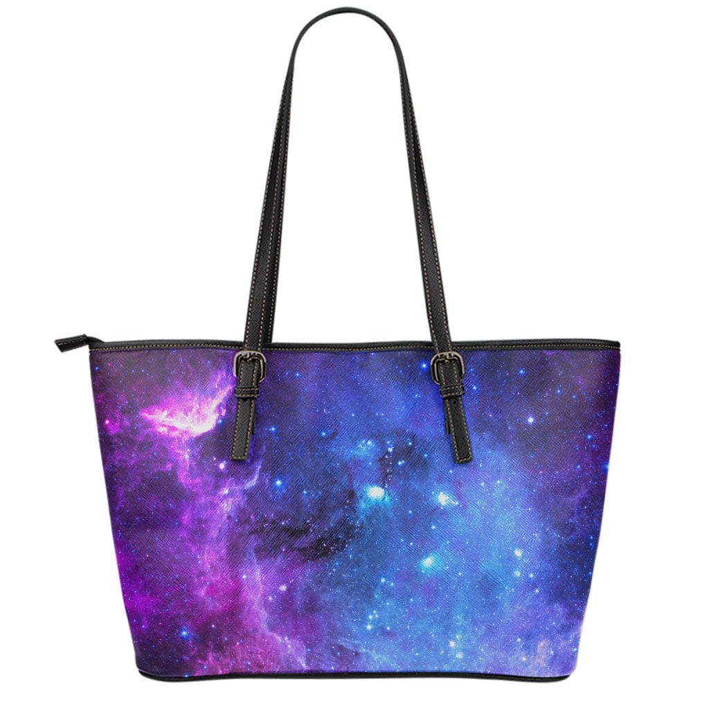 Purple Galaxy Space Blue Starfield Print Leather Tote Bag