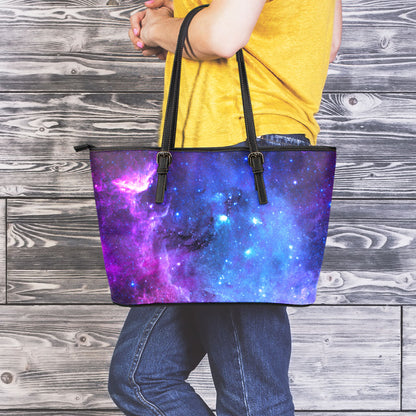 Purple Galaxy Space Blue Starfield Print Leather Tote Bag