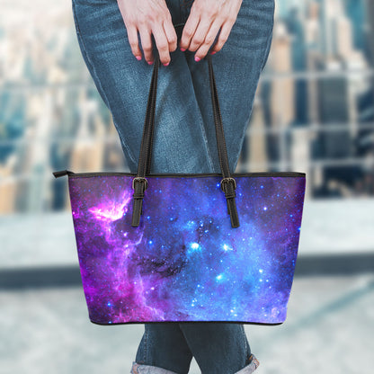 Purple Galaxy Space Blue Starfield Print Leather Tote Bag