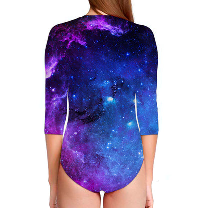 Purple Galaxy Space Blue Starfield Print Long Sleeve Swimsuit