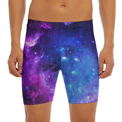 Purple Galaxy Space Blue Starfield Print Men's Long Boxer Briefs