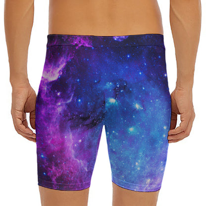 Purple Galaxy Space Blue Starfield Print Men's Long Boxer Briefs