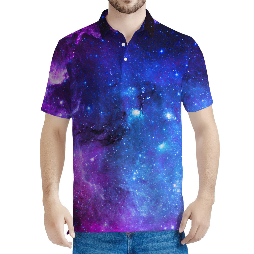 Purple Galaxy Space Blue Starfield Print Men's Polo Shirt