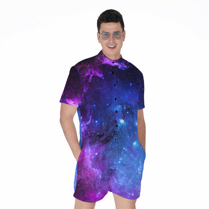 Purple Galaxy Space Blue Starfield Print Men's Rompers