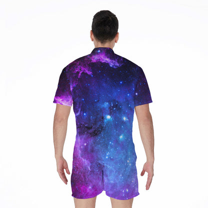 Purple Galaxy Space Blue Starfield Print Men's Rompers