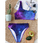 Purple Galaxy Space Blue Starfield Print One Shoulder Bikini Top