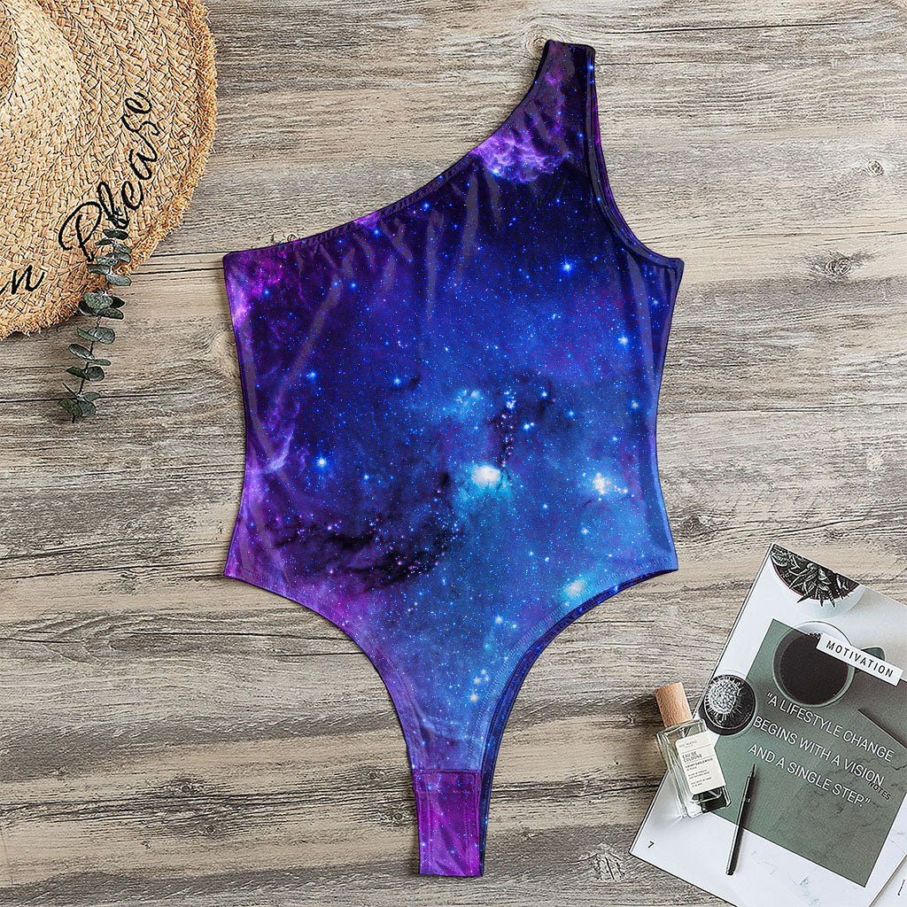 Purple Galaxy Space Blue Starfield Print One Shoulder Bodysuit