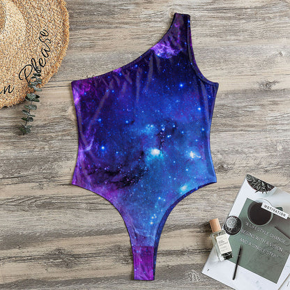 Purple Galaxy Space Blue Starfield Print One Shoulder Bodysuit