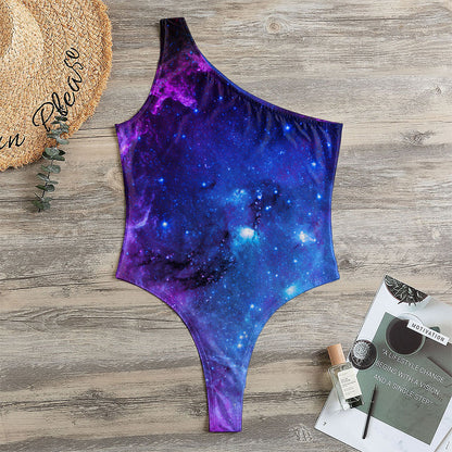 Purple Galaxy Space Blue Starfield Print One Shoulder Bodysuit
