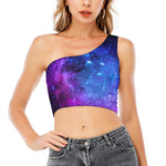 Purple Galaxy Space Blue Starfield Print One Shoulder Crop Top
