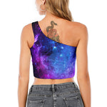 Purple Galaxy Space Blue Starfield Print One Shoulder Crop Top