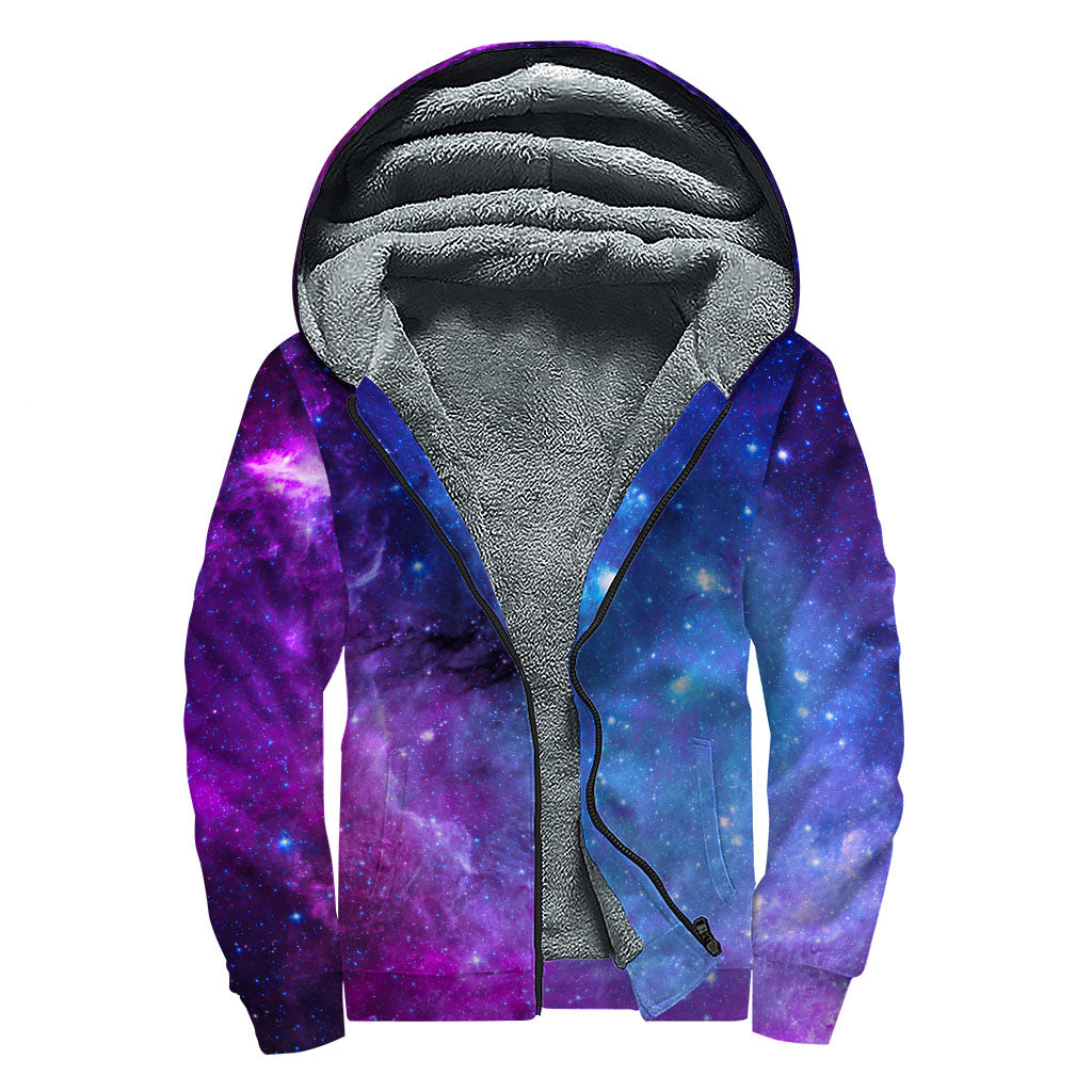 Purple Galaxy Space Blue Starfield Print Sherpa Lined Zip Up Hoodie