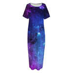 Purple Galaxy Space Blue Starfield Print Short Sleeve Long Nightdress