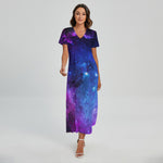 Purple Galaxy Space Blue Starfield Print Short Sleeve Maxi Dress
