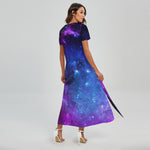 Purple Galaxy Space Blue Starfield Print Short Sleeve Maxi Dress