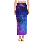 Purple Galaxy Space Blue Starfield Print Side Slit Maxi Skirt