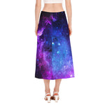 Purple Galaxy Space Blue Starfield Print Side Slit Midi Skirt