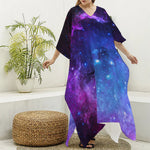 Purple Galaxy Space Blue Starfield Print Silk V-Neck Kaftan Dress