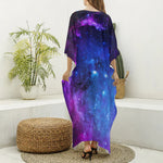 Purple Galaxy Space Blue Starfield Print Silk V-Neck Kaftan Dress