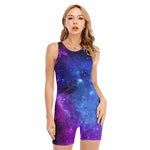 Purple Galaxy Space Blue Starfield Print Sleeveless One Piece Swimsuit