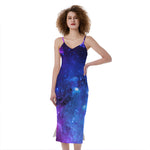 Purple Galaxy Space Blue Starfield Print Slim Fit Midi Cami Dress