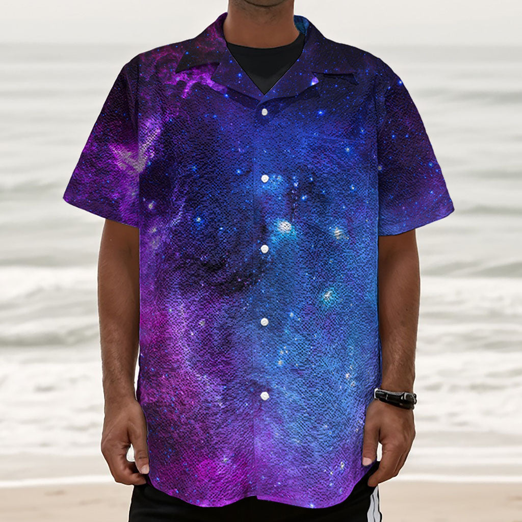 Purple Galaxy Space Blue Starfield Print Textured Short Sleeve Shirt